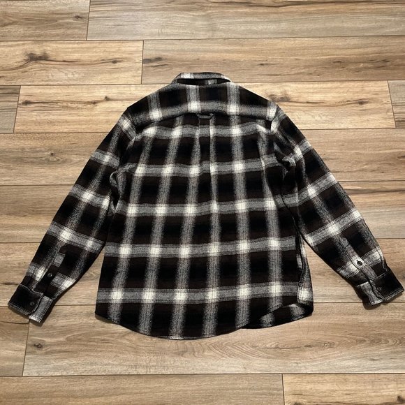 Men's Orvis Button Up Plaid Flannel Shirt LARGE Brown Black Pockets Shacket - Picture 11 of 12
